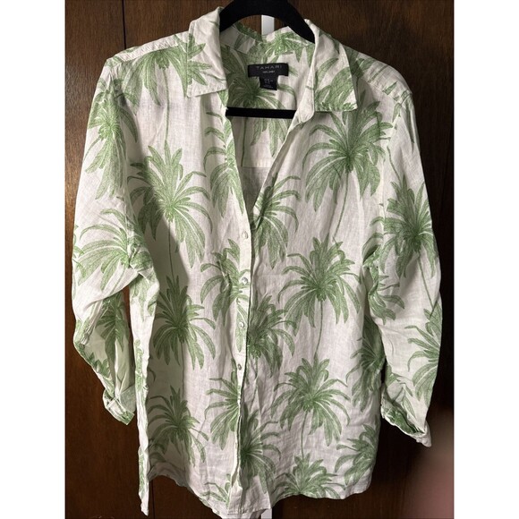 Tahari Shirt Women XL Off White Palm Linen Lagenlook Coastal Granny Cruise Long - Picture 1 of 6